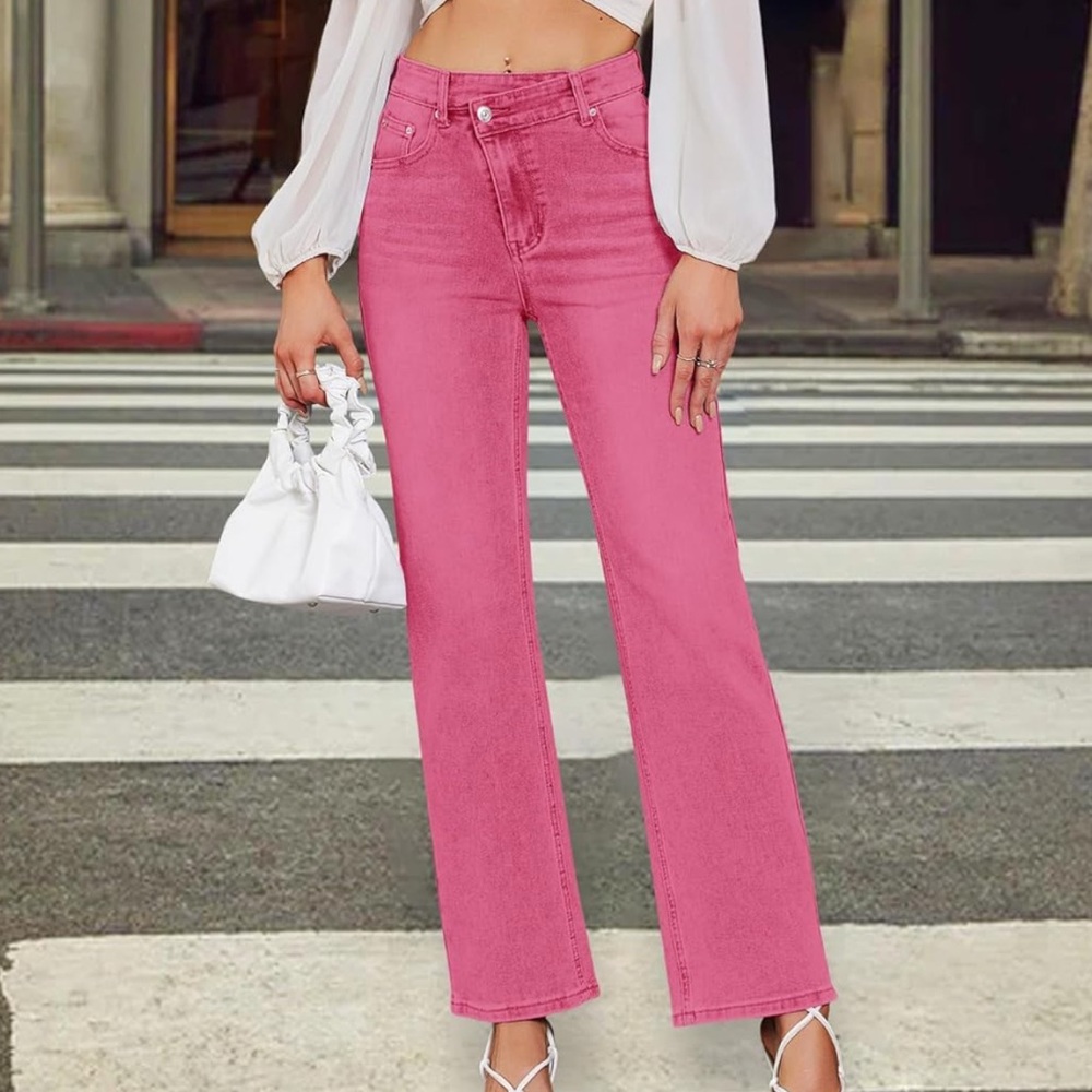 NWT Women's Pink High Waisted Crossover Jeans Wide Leg Stretchable Casual Size 8 - Picture 4 of 16